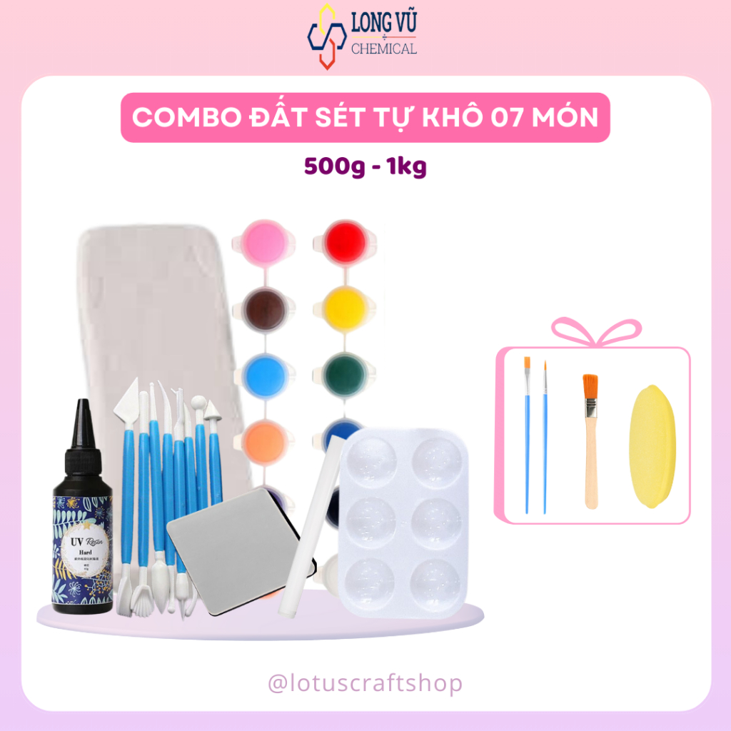 Full Box Đất Sét Nghệ Thuật 7 Món, Combo Đất Sét Tự Khô Đầy Đủ Dụng Cụ - Clay Craft Box