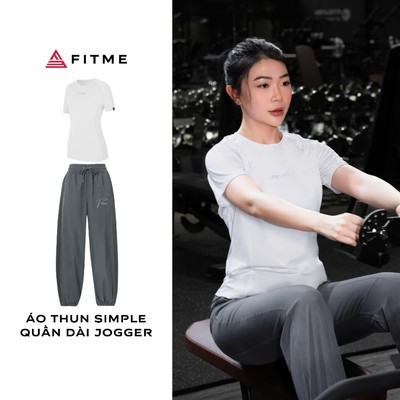 Bộ thể thao tập gym yoga Fitme áo thun Simple thấm hút mồ hôi Trắng, quần jogger Xám logo thêu