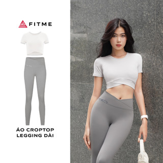 Bộ đồ thể thao tập gym yoga Áo thun croptop Light Grey, Quần legging phối xéo Dark Grey