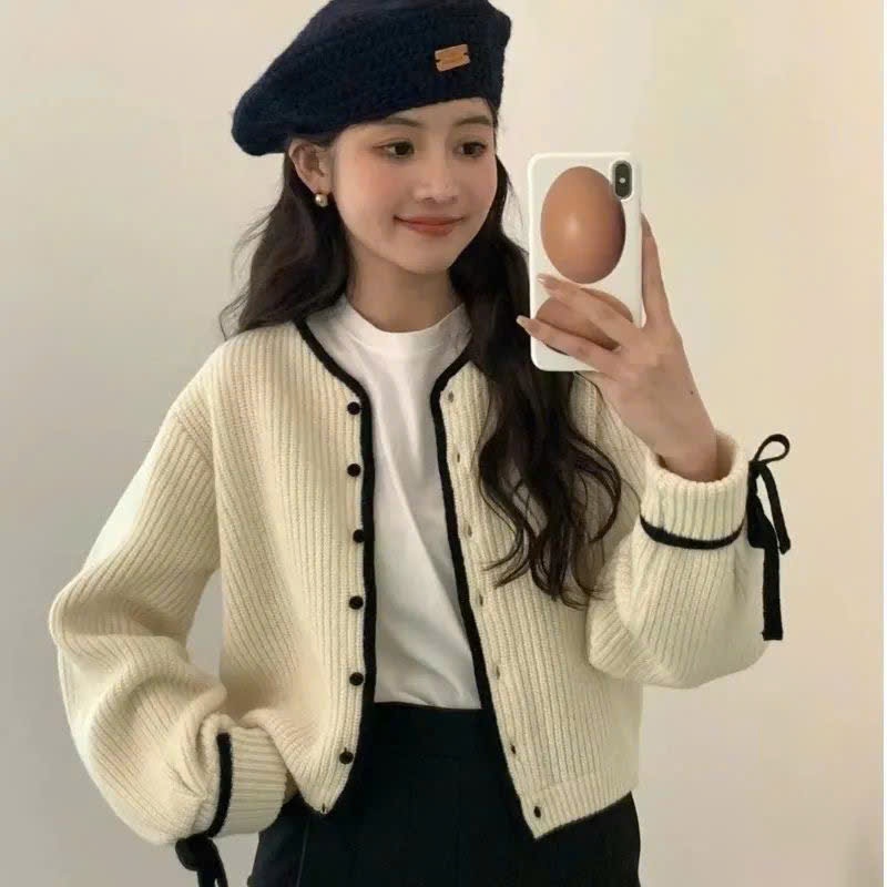 [SẴN] Áo khoác len nữ chất dày dặn, áo len cardigan phối nơ cổ tay cổ tròn - 170 | BigBuy360 - bigbuy360.vn