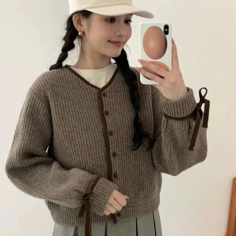 [SẴN] Áo khoác len nữ chất dày dặn, áo len cardigan phối nơ cổ tay cổ tròn - 170 | BigBuy360 - bigbuy360.vn