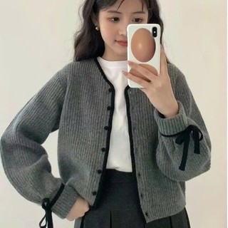   SẴN  Áo khoác len nữ chất dày dặn áo len cardigan phối nơ cổ tay cổ tròn - 170 