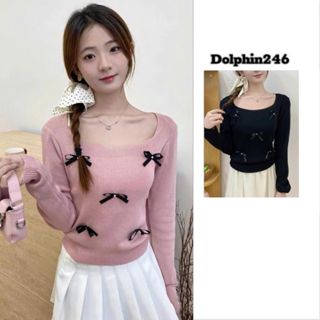  Áo len sweater cổ vuông dài tay nơ đính ngọt ngọt ngào dệt kim tiểu thư basic xinh xắn đáng yêu phong cách L141 HL-41.1 