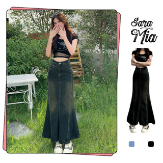 Chân váy đuôi cá SARAMIA váy bò vải jean dài chữ A vải bò denim nữ đen xòe cạp cao che bụng V15