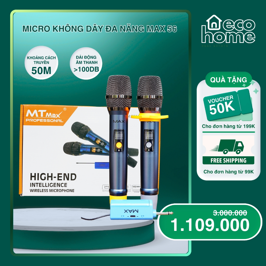 Bộ 2 micro không dây đa năng Max 56 hút âm tốt hạn chế hú rít sử dụng pin sạc, màn hình LCD hiển thị