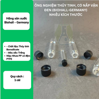 Ống nghiệm thủy tinh, có nắp vặn đen (BIOHALL-GERMANY) các kích thước - LABHN