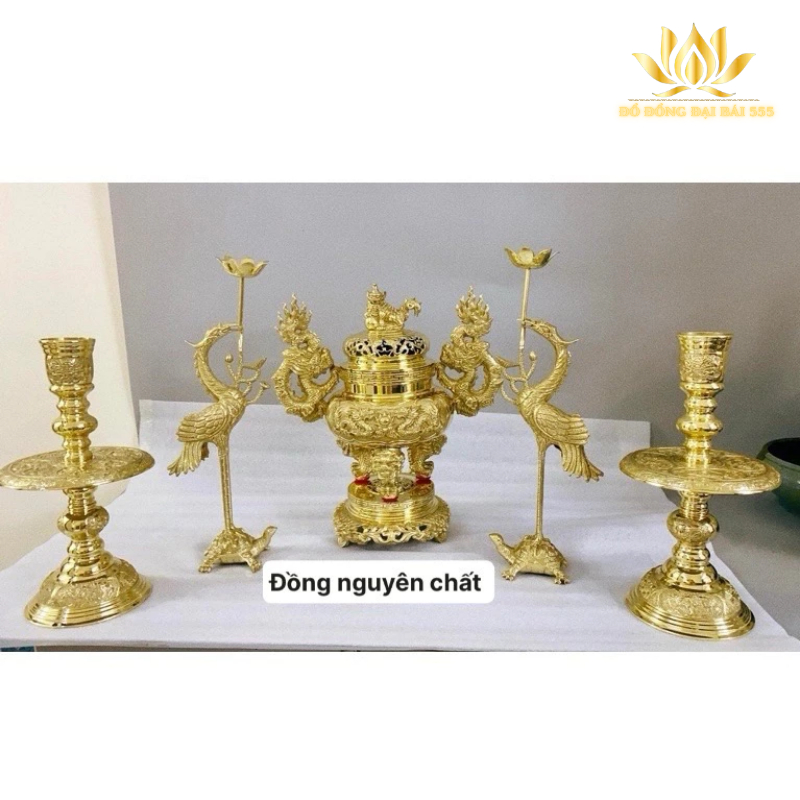 Bộ Đỉnh Thờ Tam Sự Ngũ Sự Gồm Lư Hương Chân Đèn Hạc Bằng Đồng Nguyên Chất Cao 34cm - Đại Bái 555