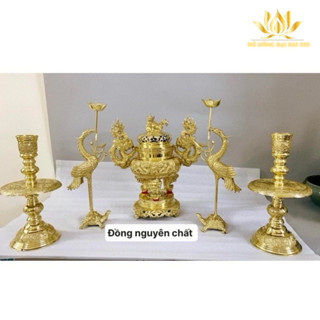 Bộ Đỉnh Thờ Tam Sự Ngũ Sự Gồm Lư Hương Chân Đèn Hạc Bằng Đồng Nguyên Chất Cao 34cm - Đại Bái 555