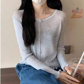 Áo khoác dệt kim INFLACHI nữ dài tay cardigan đi biển kèm cúc ngọc basic đơn giản phong cách Hàn Quốc N074