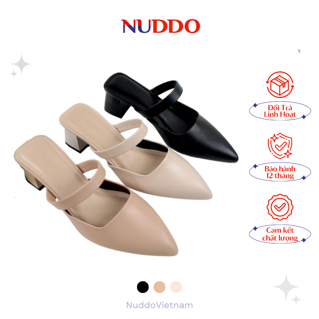 Dép Sục Cao Gót Nữ 💥HÀNG CAO CẤP💥 Giày Mules NU.DDO Mũi Nhọn Đế Vuông 5cm, Da Thật Êm Chân, Thời Trang Công Sở