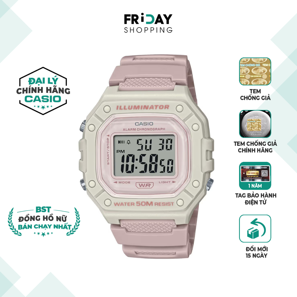 Đồng Hồ Casio Nữ Điện Tử W-218HC-4A2VDF Mặt Vuông Dây Cao Su Chính Hãng