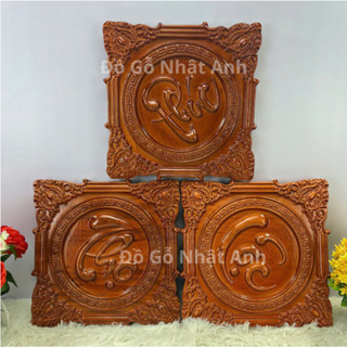Bộ tranh vuông 3 tấm phúc lộc thọ treo tường gỗ hương đỏ đục nguyên khối trang trí phòng khách