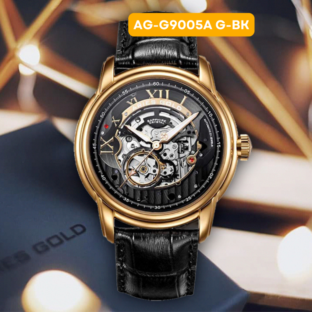 Đồng hồ cơ lộ máy Nam Aries Gold AG-G9005A, Dây da, Size 42 mm, Kính Sapphire, Chịu nước 5 ATM