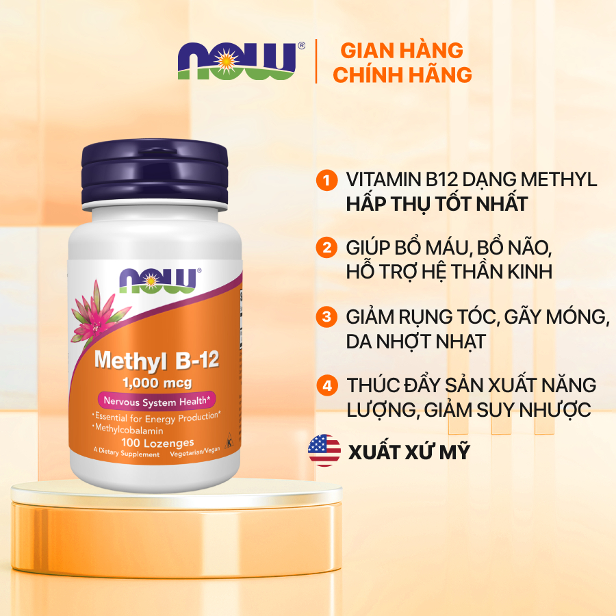 Viên Vitamin B12 Methyl Now 1000mcg (100 viên ngậm) bổ máu bổ não, giảm rụng tóc, suy nhược cơ thể