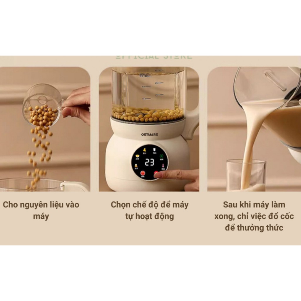 Máy Làm Sữa Hạt OSTMARS Cối Thuỷ Tinh Đa Chức Năng Nấu Dung Tích 1100ml Lưỡi Dao 10 Cánh - HÀNG CHÍN