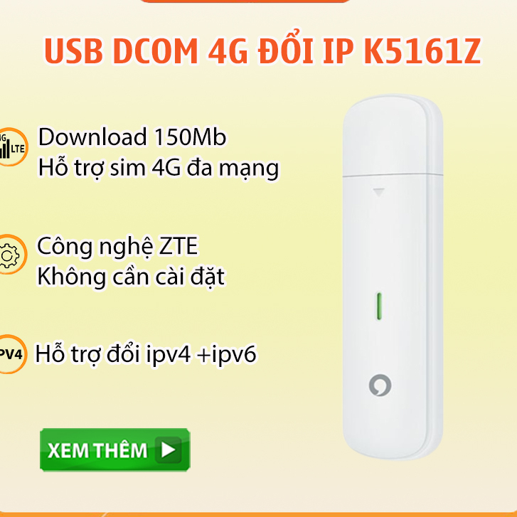 Dcom 4G ZTE Vodafone K5161Z đổi IP tốc độ 150Mbps dùng đa mạng, hỗ trợ đổi ipv4 + ipv6 Bản hilink