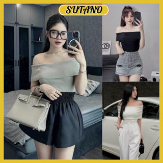 Áo len tăm nữ áo kiểu nữ trễ vai cộc tay bánh bèo chất co giãn đẹp A104 SUTANO