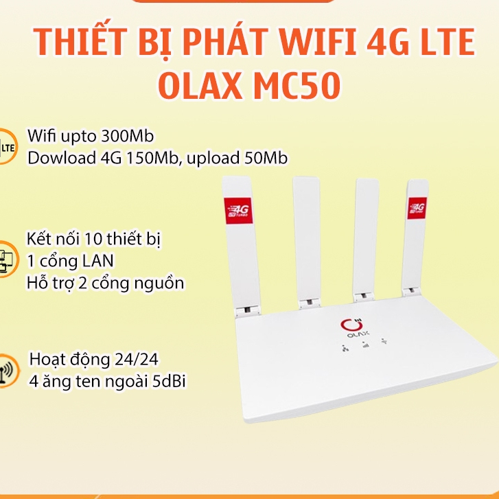 Thiết bị Wifi từ sim 4g OLAX MC50 4G LTE Turbo, 4 Ăng Ten Ngoài , Kết Nối 10 Thiết Bị, chân cắm Type