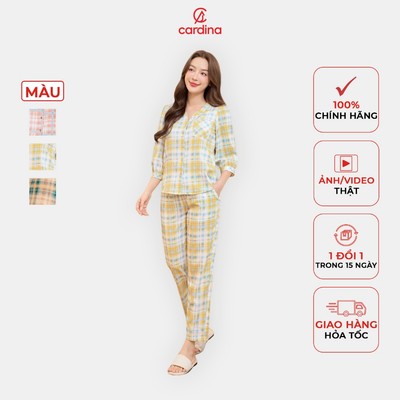 Đồ bộ nữ CARDINA chất liệu lụa Hàn châu kẻ thiết kế cổ trụ tay lỡ trẻ trung thoải mái vận động 4BTL01