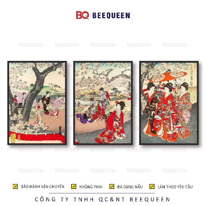 [Nhật Cổ] Album Tranh GeiSha Nhật Bản Bộ 3 Tranh Nhật Cổ Size 30x60cm hoặc 40x90cm Treo Tường
