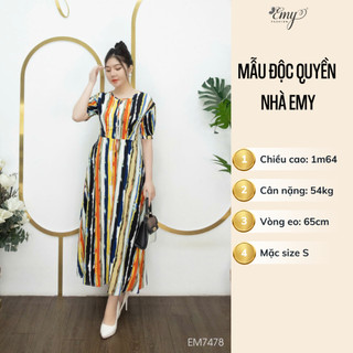 Đầm Maxi EMY Cao Cấp Trung Niên Dáng Suông Dài Thiết Kế Dạo Phố Cổ Tròn Vải Lụa Mango Sọc Dọc Nhiều Màu EM7478