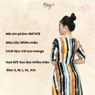 Đầm Maxi EMY Cao Cấp Trung Niên Dáng Suông Dài Thiết Kế Dạo Phố Cổ Tròn Vải Lụa Mango Sọc Dọc Nhiều Màu EM7478