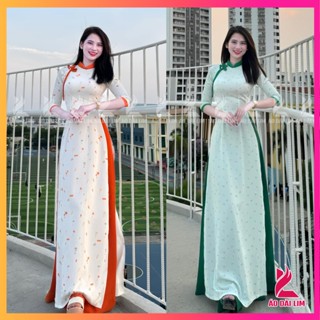 Áo Dài Hoa Nhí Lụa Mango Cổ Phối Màu Đính Nơ Nhẹ Nhàng Hàng May Sẵn