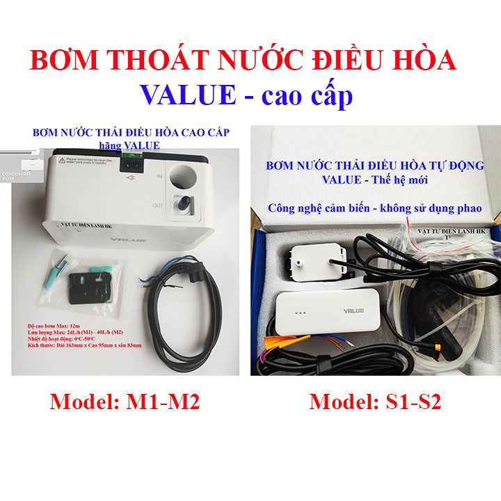 [CAO CẤP] Máy bơm xả nước thải máy lạnh điều hoà Value 10-12M 10-12 mét - Bơm thoát nước ngưng điều hòa M1 M2 S1 S2