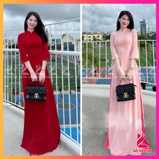 Áo Dài Truyền Thống Lụa Mỹ Tay Loe Né Viền Ngọc Cách Điệu Hàng May Sẵn