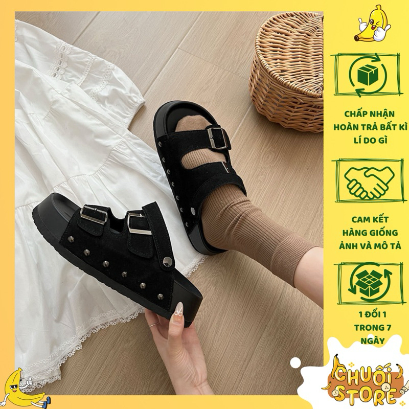 Giày sandal hai quai ngang đế trấu chất liệu da lộn form cá tính dễ thương đi học đi chơi