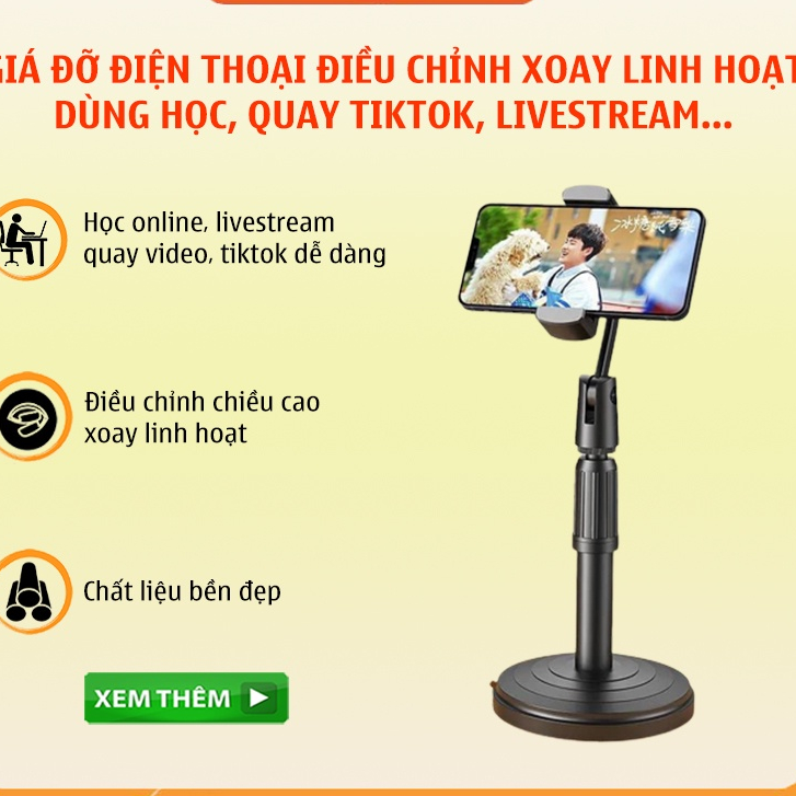 Giá Đỡ Điện Thoại Để Bàn , Giá Kẹp Điện Thoại dùng Livetream Tiktok Học Online - Chân Đế chắc chắn G