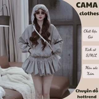 Set đồ nữ áo khoác có mũ mix chân váy dáng bí đính nơ Cama Clothes, đồ bộ nữ thu đông dáng ngắn chất gió HCOM3022