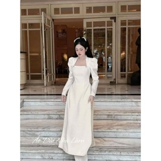 Áo Dài Nữ , Áo Dài Cách Tân Đi Tiệc Vai Bồng Tay Dài Cổ Vuông Kèm Quần Chất Liệu Vải Linen Cao Cấp