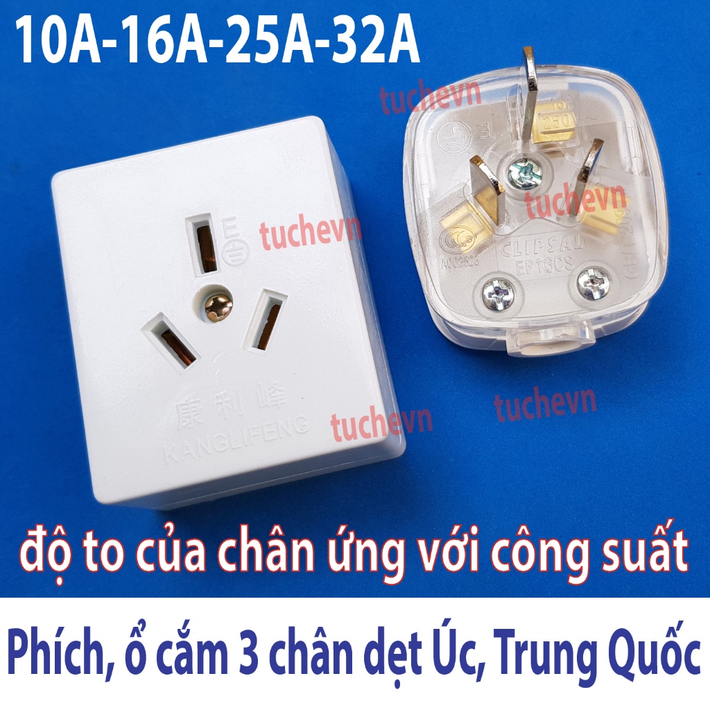 Phích cắm 3 chân chéo chuẩn Úc, TQ 10A-32A các hãng, chân Đồng