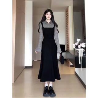   ORDER 15-20 NGÀY VÁY LEN CỔ POLO DÀI TAY DÁNG DÀI PHỐI 2 MÀU ĐEN XÁM  váy liền  