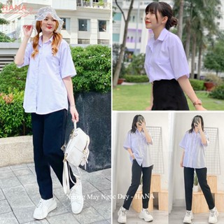 Áo sơ mi nữ tay ngắn lỡ đi học form rộng túi ngực cổ bẻ xanh trắng - Áo sơ mi trắng nữ cộc tay học sinh mặc đi học đẹp