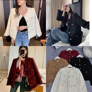 [Ảnh Thật]: Áo Khoác Dạ Tweed Tua Rua 2 Màu 4 Túi Khuy Vàng, Dáng Ngắn Cúc Ngọc, Vải Dạ Dày Dặn 2 Lớp Sang Chảnh