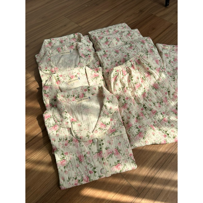 Đồ Ngủ Pijama chất liệu xô muslin Tay cộc Quần dài hoạ tiết nhã nhặn