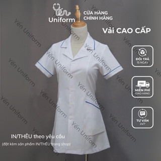 [Cotton nhập khẩu] Áo Blouse bác sĩ dáng ngắn vải Cao Cấp dành cho y tá, điều dưỡng, dược sĩ phối viền xanh, áo blue