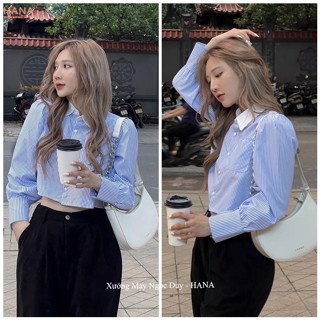 Áo sơ mi Croptop kẻ sọc xanh cổ trắng tay dài phồng có túi trước ngực mặc đi học biển làm công sở hẹn hò tiệc điệu xinh