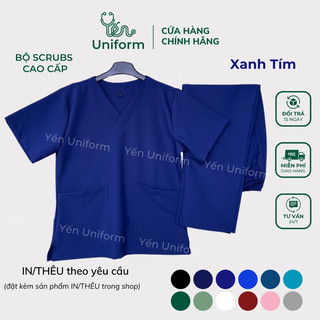 [Cao Cấp - Màu Xanh Tím] Bộ Scrubs bác sĩ cổ tim, đồng phục Spa, đồ y tế, quần áo phẫu thuật - YẾN UNIFORM