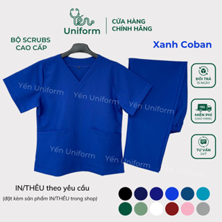 [Cao Cấp - Xanh Coban] Bộ Scrubs bác sĩ cổ tim, đồng phục y tế, quần áo spa, nha khoa - YẾN UNIFORM