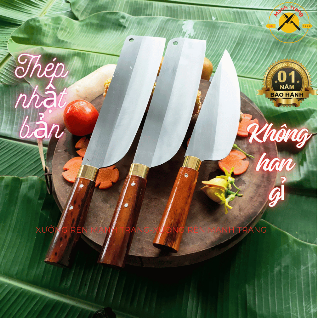 Bộ dao làm bếp, bộ 3 dao thép trắng chặt thái bầu, chất liệu thép trắng nhật bản không gỉ, Dao Mạnh Trang