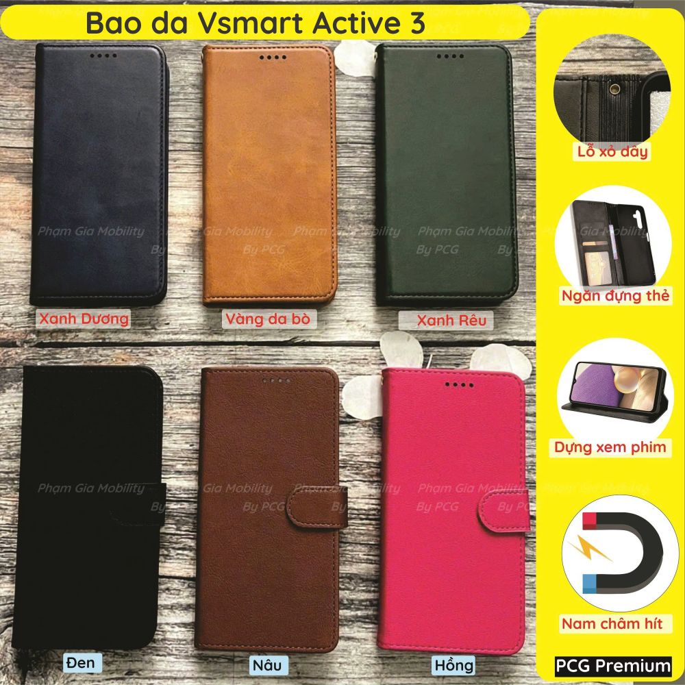 Bao da Vsmart Active 3 (Active3) chất liệu da cao cấp, sang trọng, có ngăn chứa thẻ tiện lợi, nắp gập chống đỡ xem phim