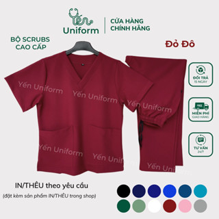 [Cao Cấp - Đỏ Đô] Bộ Scrubs bác sĩ cổ tim, đồng phục Spa, đồ y tế, quần áo phòng mổ - YẾN UNIFORMo
