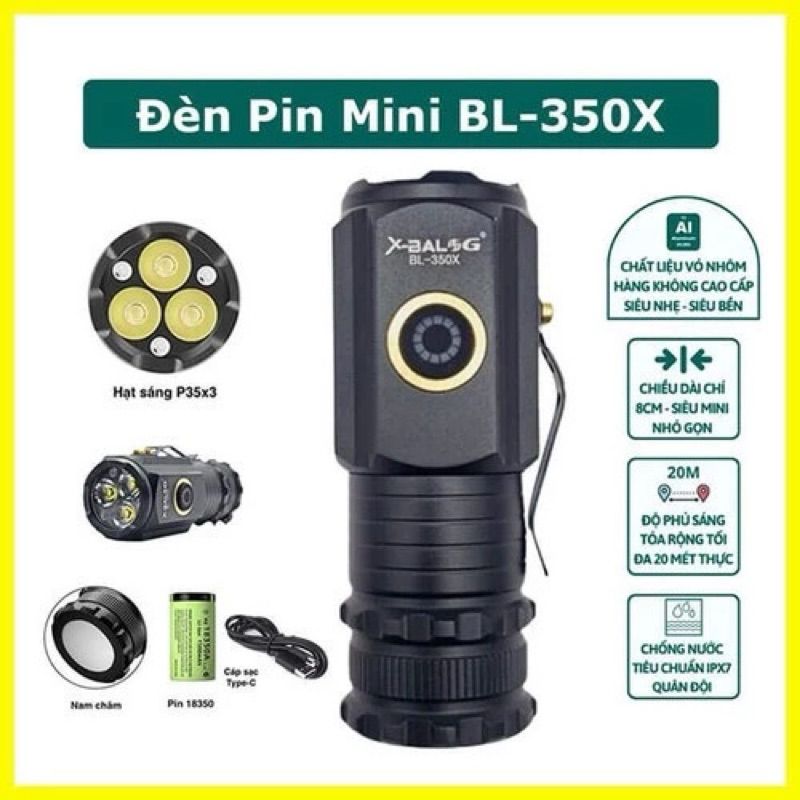 Đèn pin mini cầm tay siêu sáng X-BALOG BL-350X,nhỏ gọn tiện lợi dễ mang theo, khả năng chống nước ch