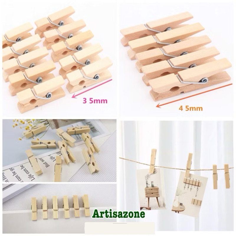Kẹp gỗ trơn - (Size 3,5cm/ 4,5cm x 7mm) - Set 30 chiếc kèm dây