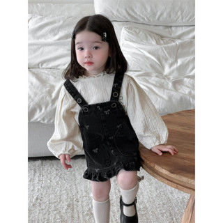   Nozi  Set Áo Dài Tay Màu Trắng+ Yếm Váy Bò Hoạ Tiết Nơ Dành Cho Bé Gái Phong Cách Thời Trang Hàn Quốc 