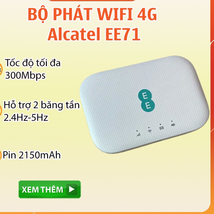 Bộ Phát Wifi 4g Alcatel EE71, MW70 Tốc Độ wifi 300Mbps, Pin 2150mAh - 2 băng tần, 15 user kết nối