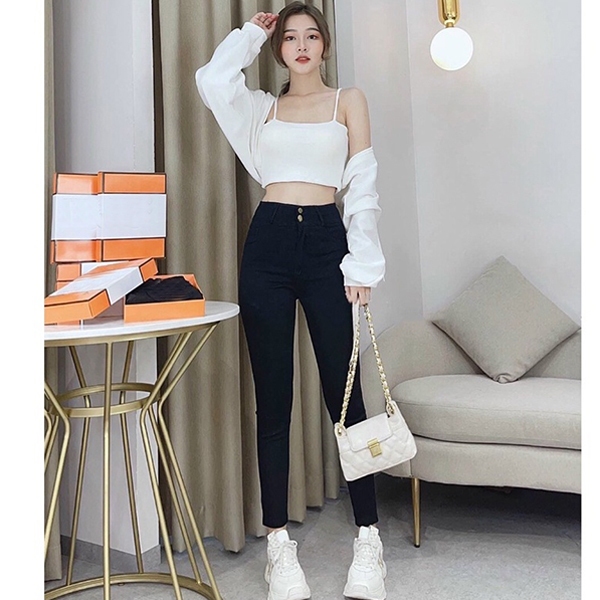 Quần legging nữ cạp cao có túi nâng mông 2 cúc khóa - Quần legging đen dài co giãn gen bụng vải dày 